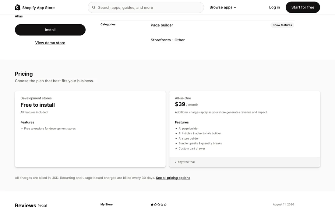 Atlas AI Store Builder pricing page