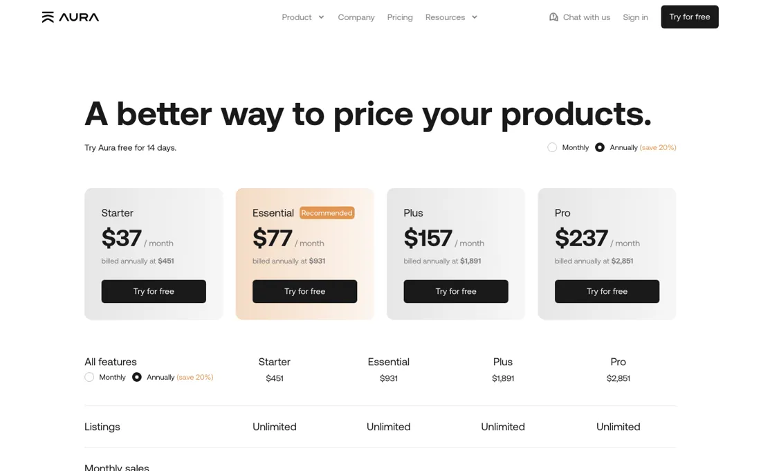 Aura pricing page