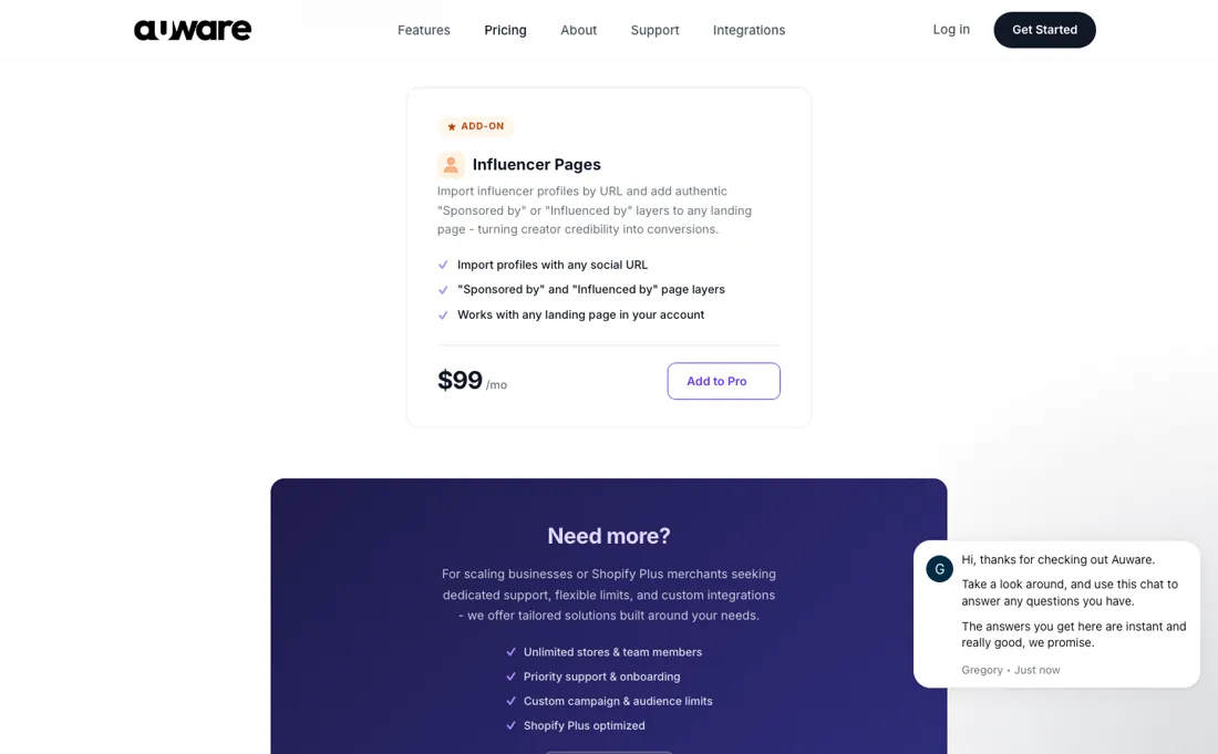 Auware pricing page