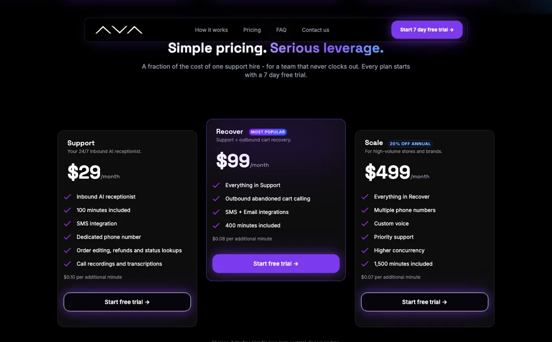 Ava AI pricing page