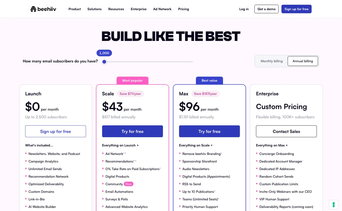 Beehiiv pricing page