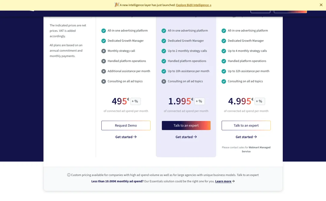 BidX pricing page