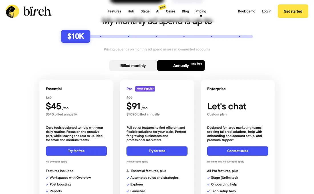 Birch pricing page