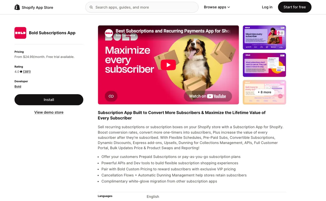 Bold Subscriptions pricing page