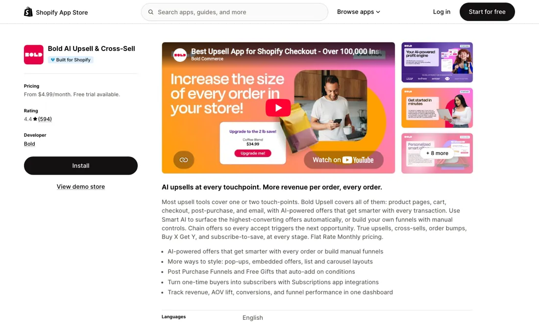 Bold Upsell pricing page