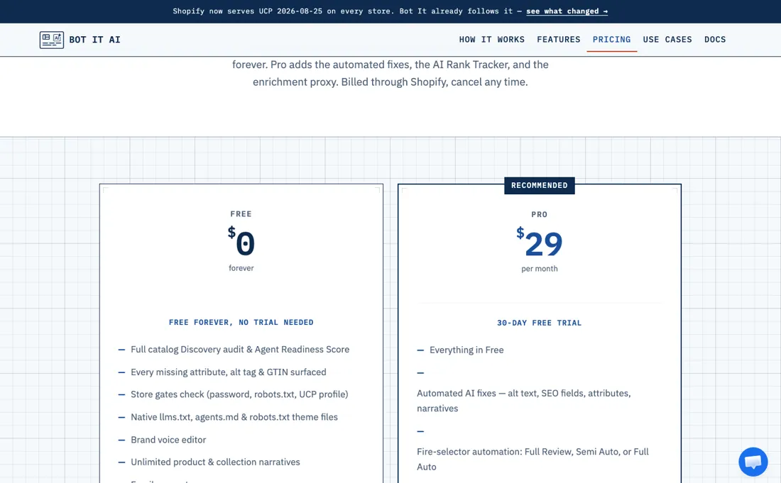 Bot It AI pricing page