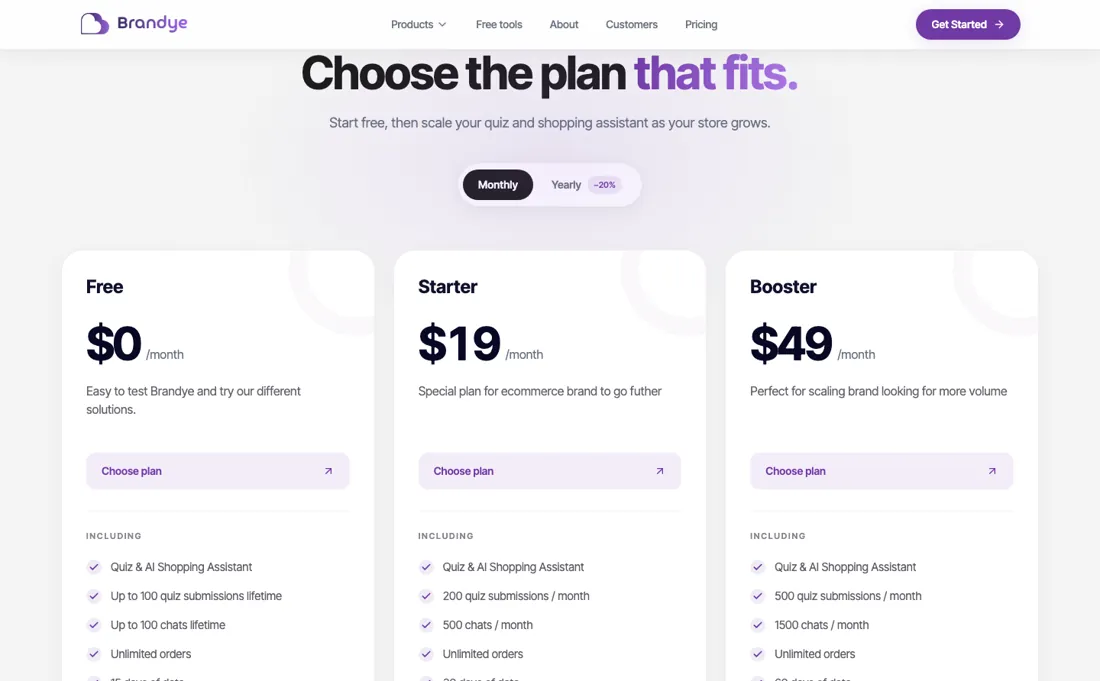 Brandye pricing page