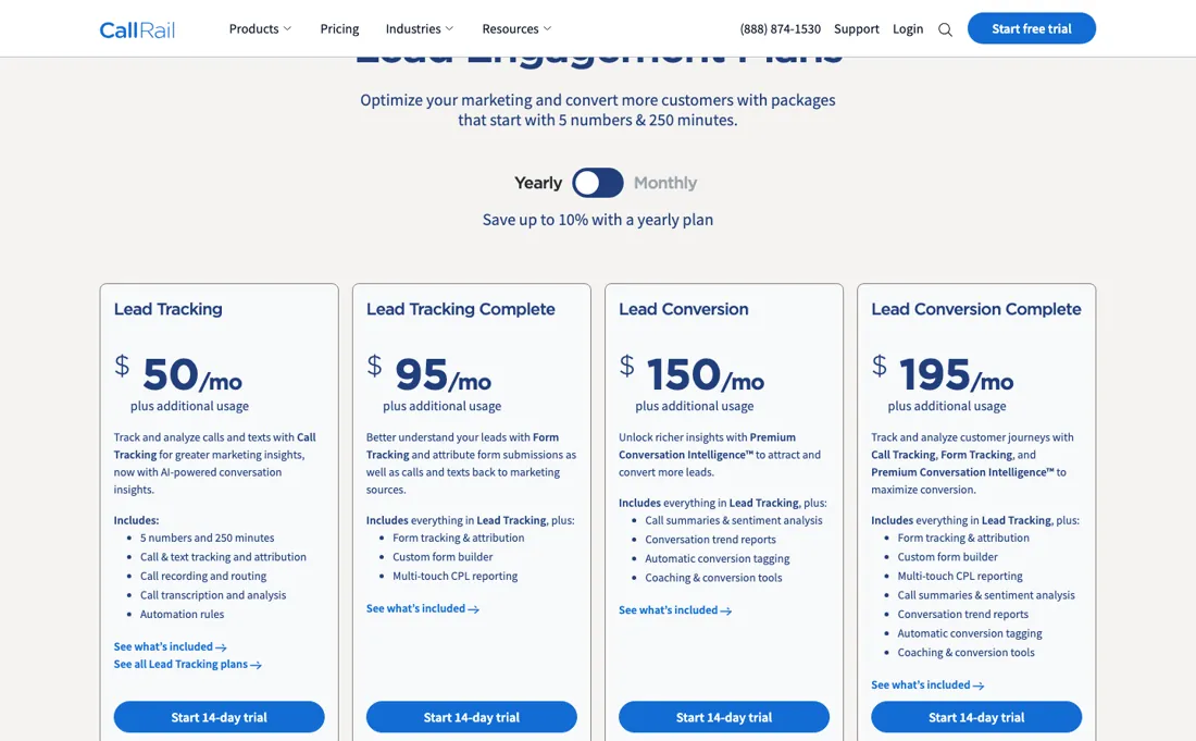 CallRail pricing page