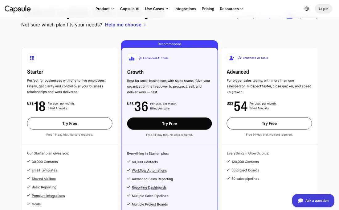 Capsule pricing page