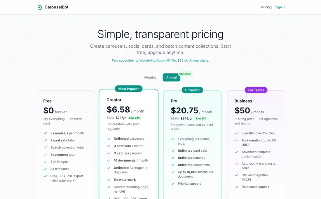 CarouselBot pricing page
