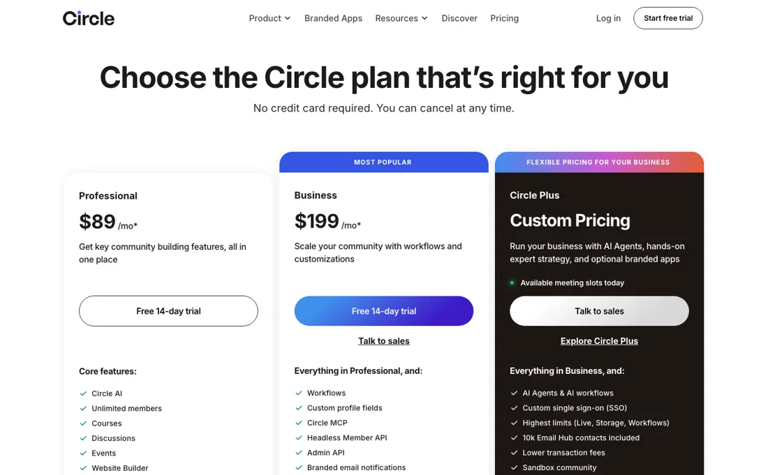 Circle pricing page