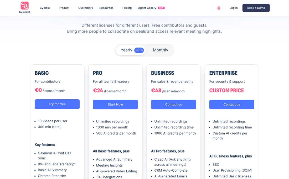 Claap pricing page