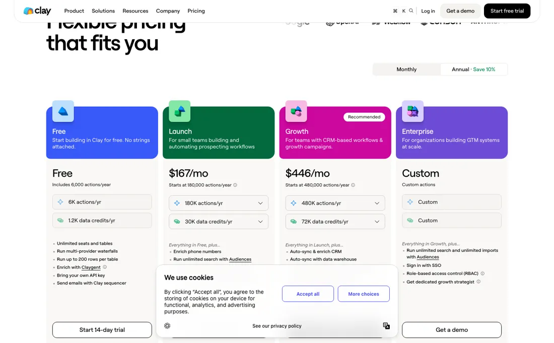 Clay pricing page