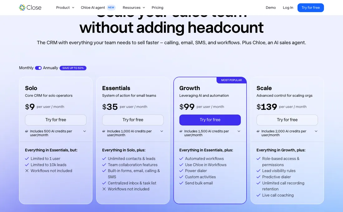 Close pricing page