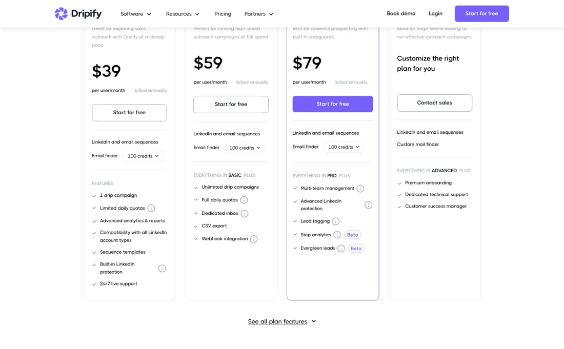 Dripify pricing page