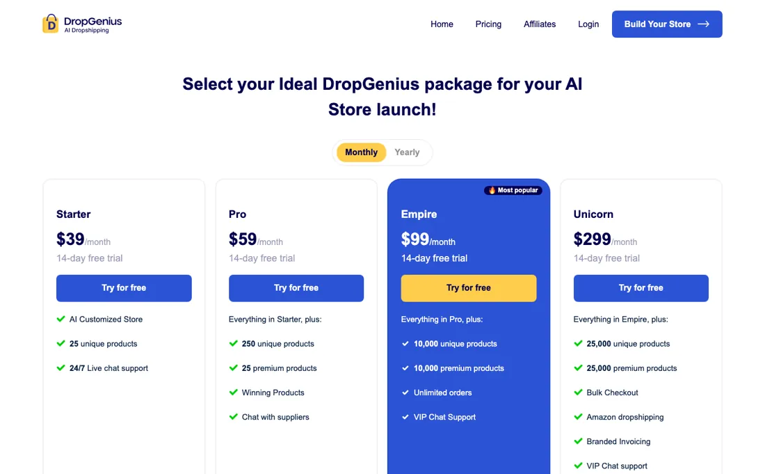 DropGenius pricing page
