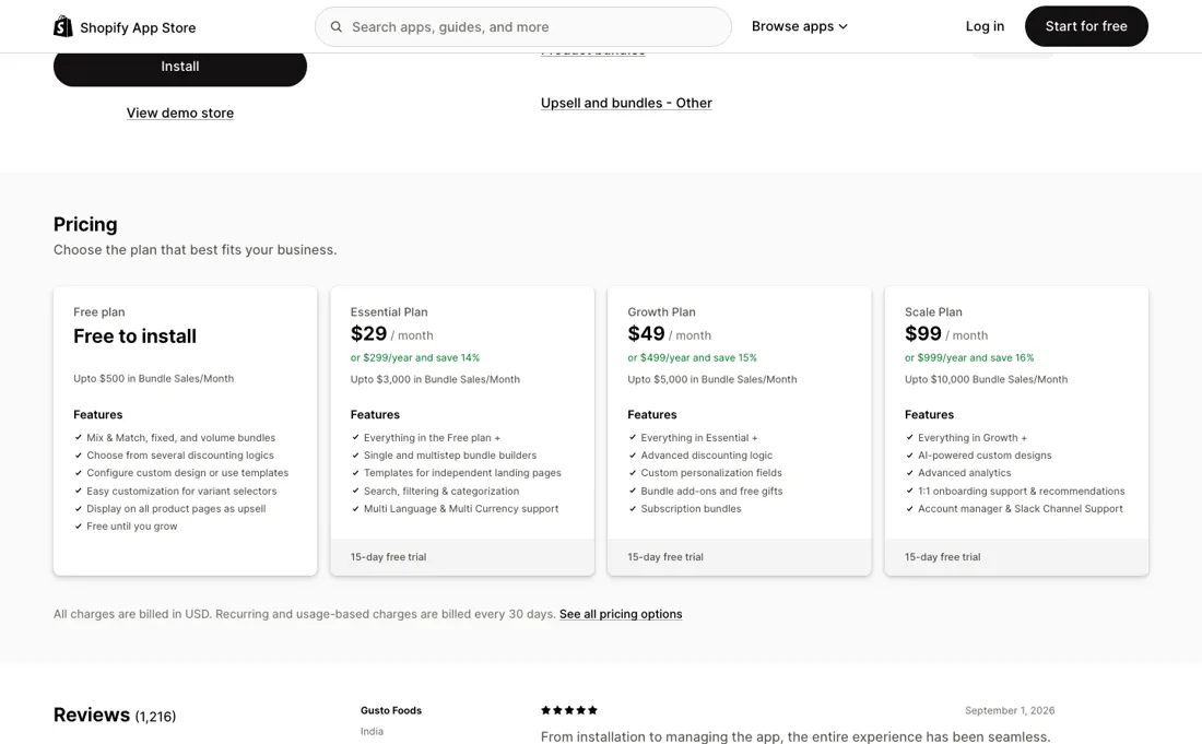 Easy Bundles pricing page