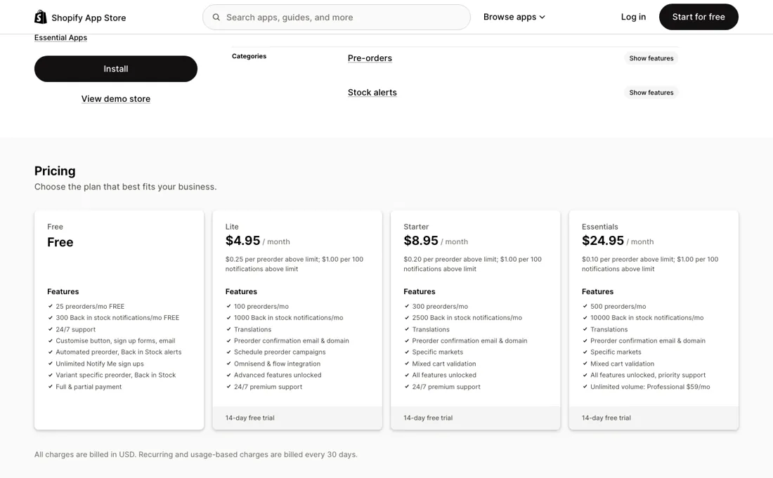 Essent Preorder Back in Stock pricing page