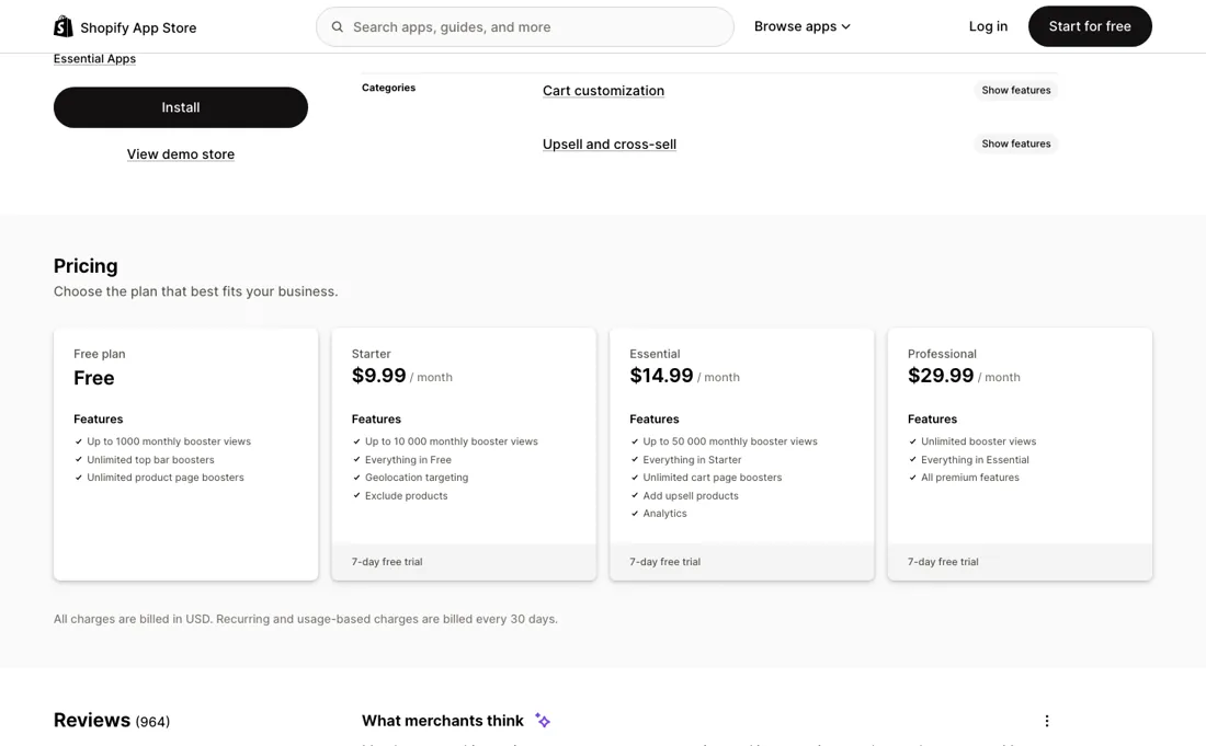 Essential Free Shipping Bar pricing page