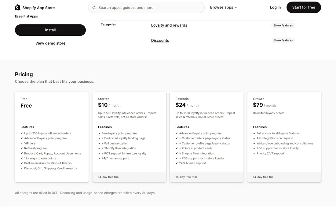 Essential Loyalty pricing page