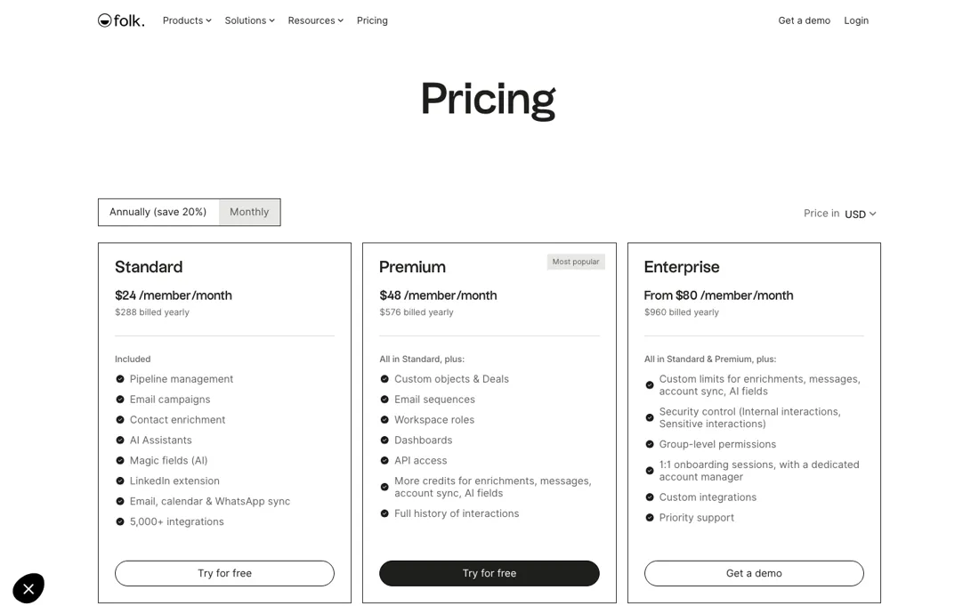 folk pricing page