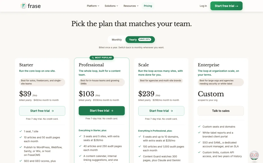 Frase pricing page