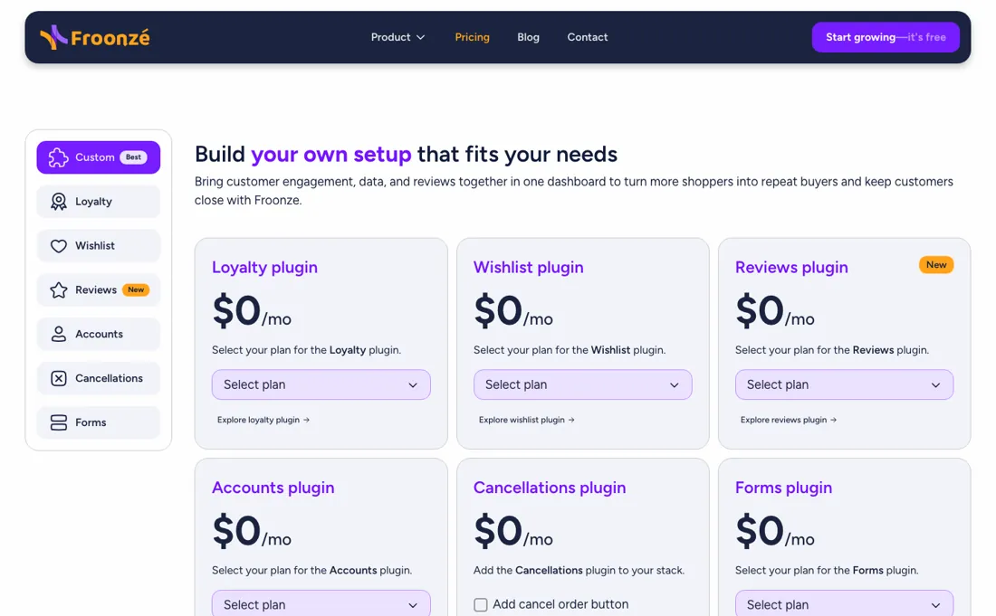 Froonze pricing page