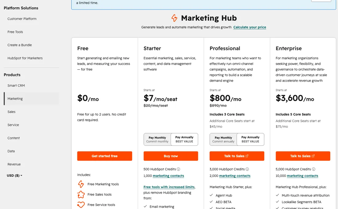 HubSpot pricing page