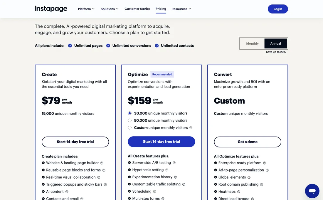 Instapage pricing page