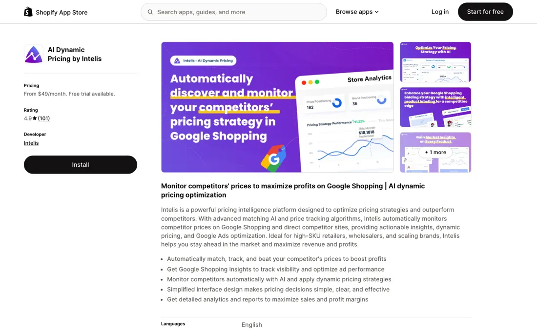 Intelis pricing page
