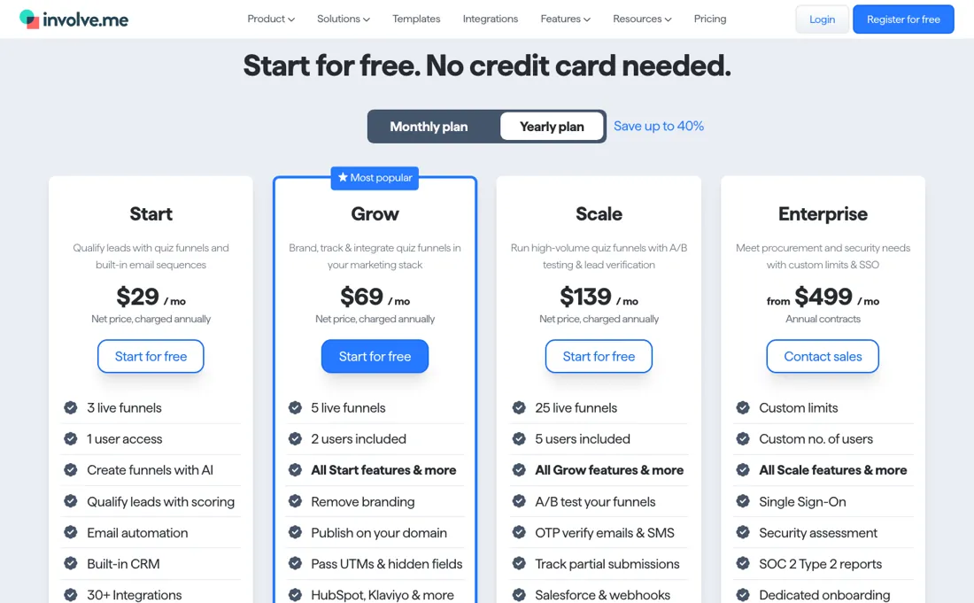 involve.me pricing page