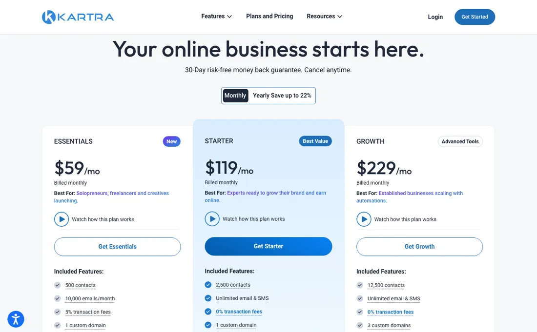 Kartra pricing page