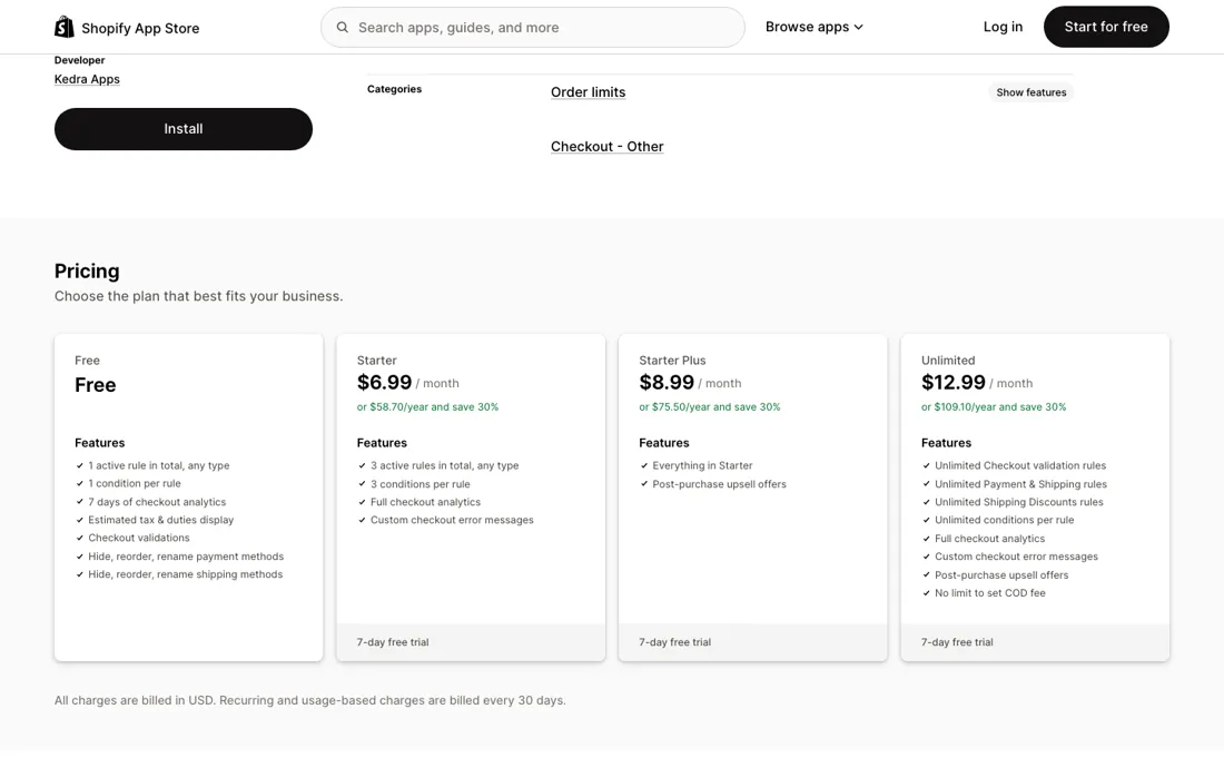 Kedra Checkout Rules & Upsells pricing page