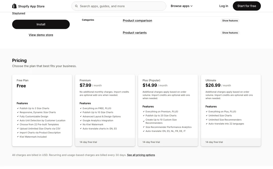Kiwi Sizing pricing page
