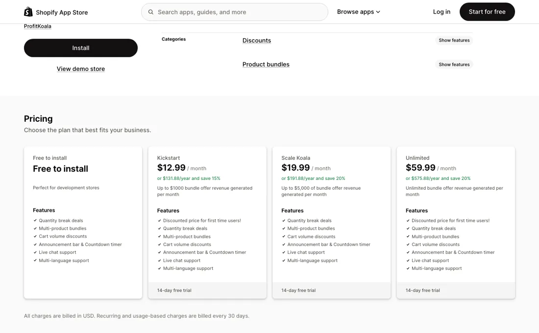 Koala Bundles pricing page