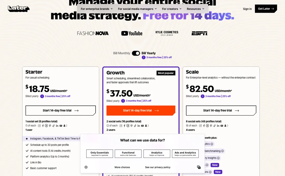 Later pricing page