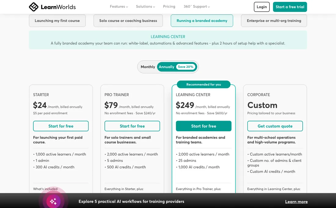 LearnWorlds pricing page