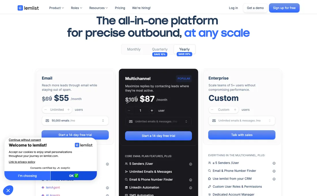 lemlist pricing page