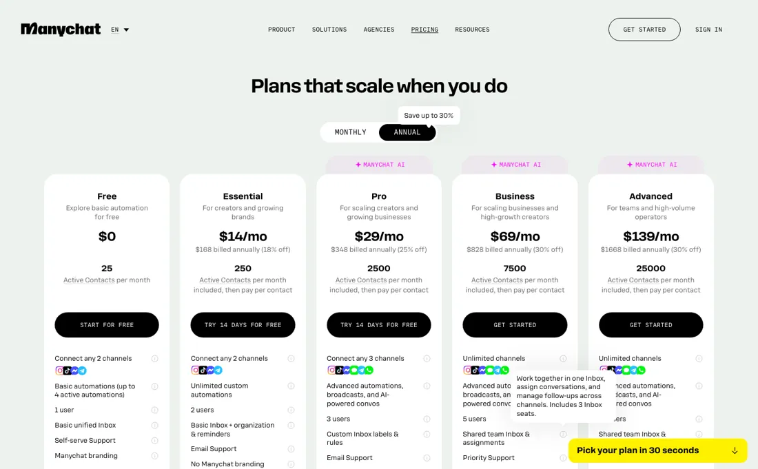 ManyChat pricing page