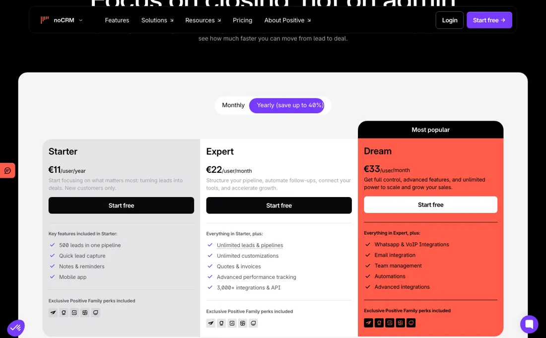 noCRM pricing page