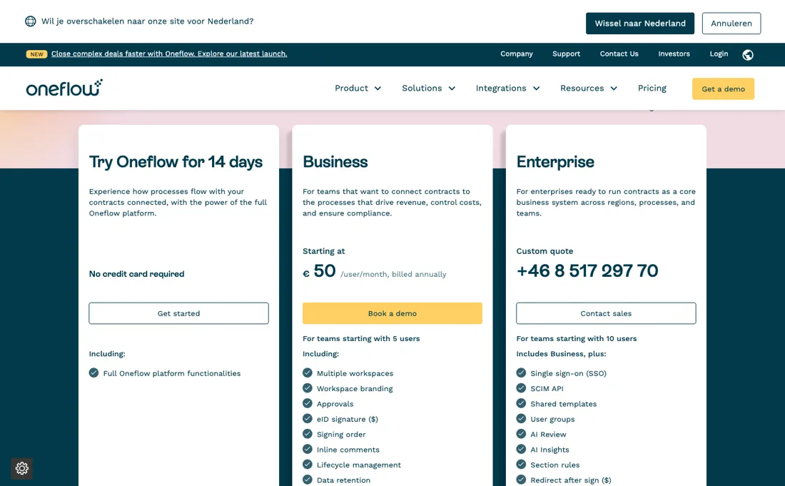 Oneflow pricing page