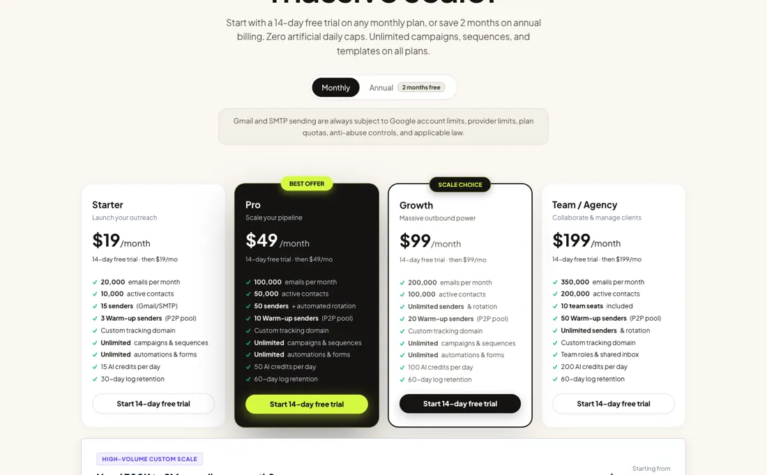 OutSends pricing page