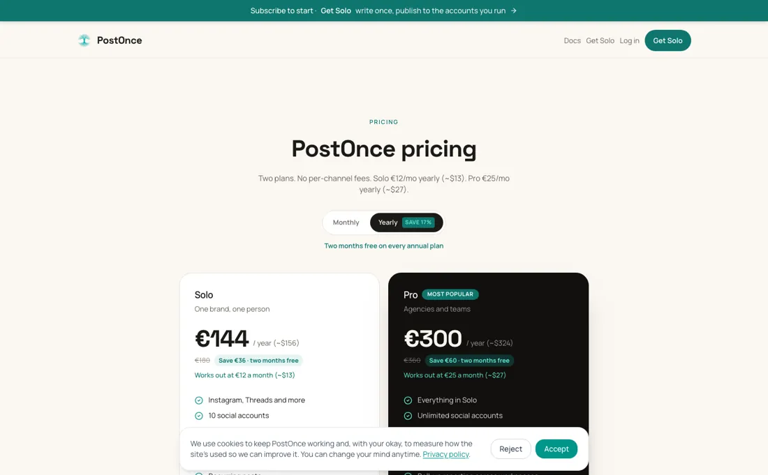 PostOnce pricing page