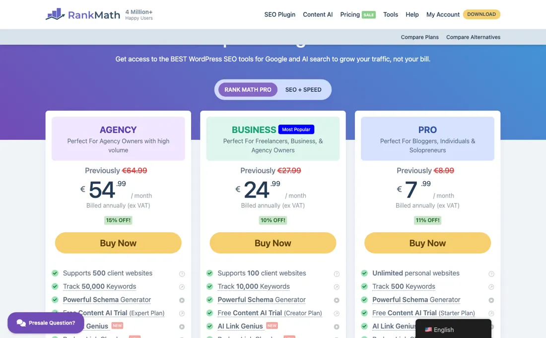 Rank Math pricing page
