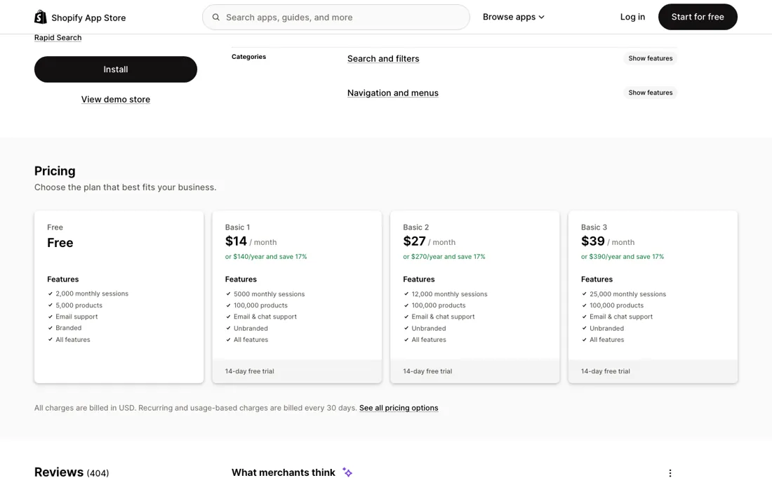 Rapid Search pricing page