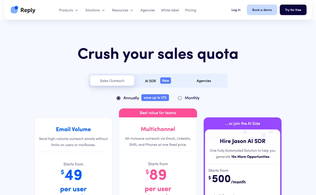 Reply.io pricing page