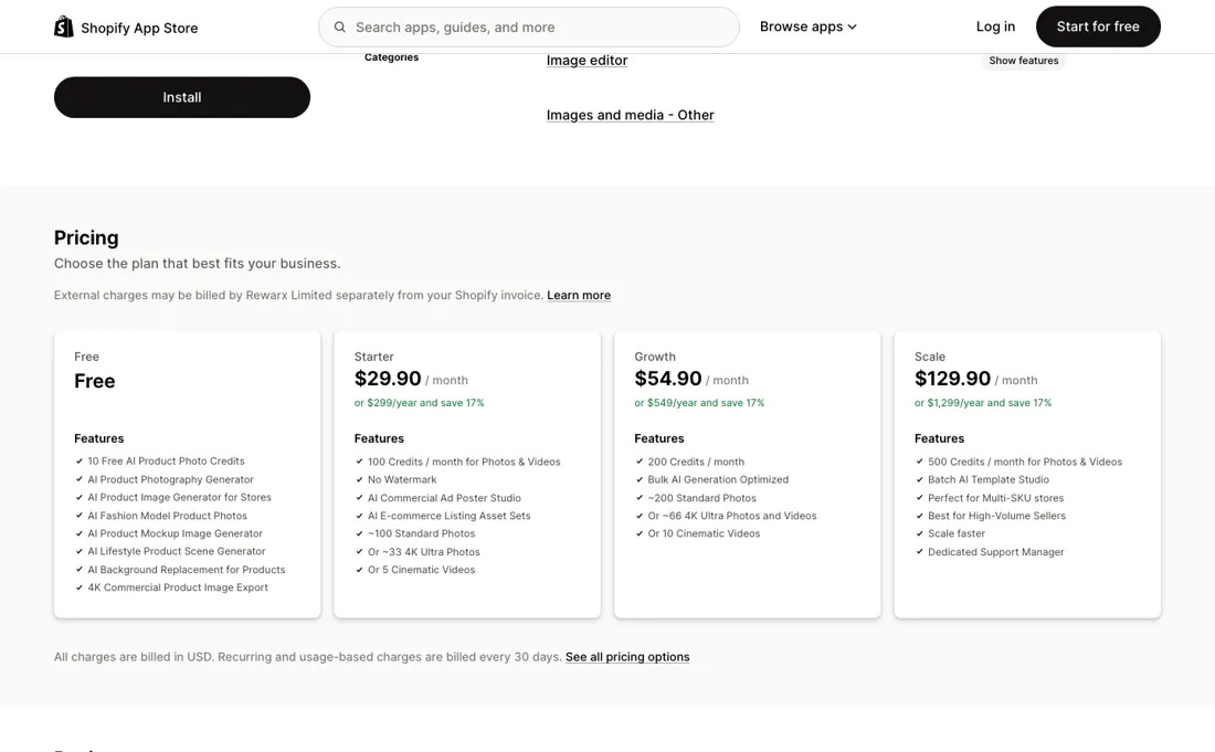 Rewarx Studio AI pricing page