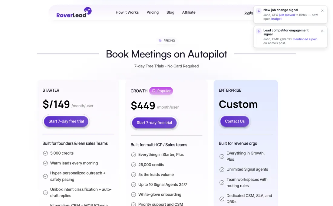 RoverLead pricing page