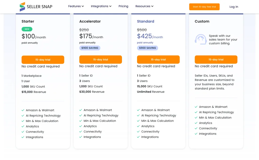 Seller Snap pricing page