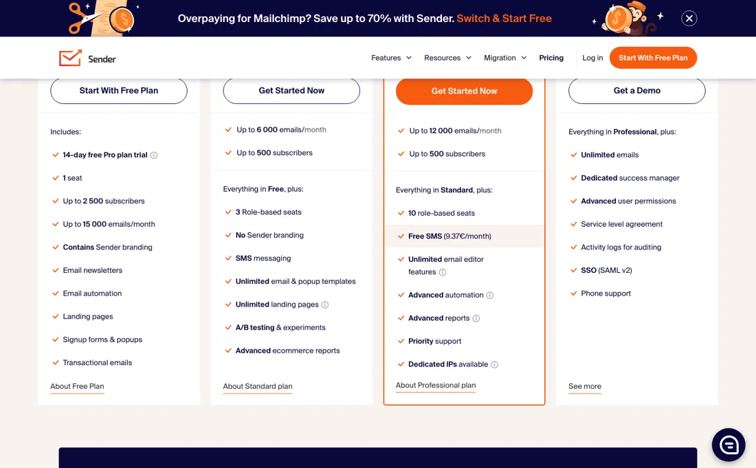 Sender pricing page